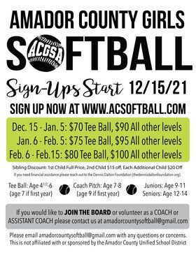 Amador County Girls Softball, Tee Ball, Coach Pitch, Juniors, and Seniors —  Sign-ups Start Wednesday, December 15th | In the Game 