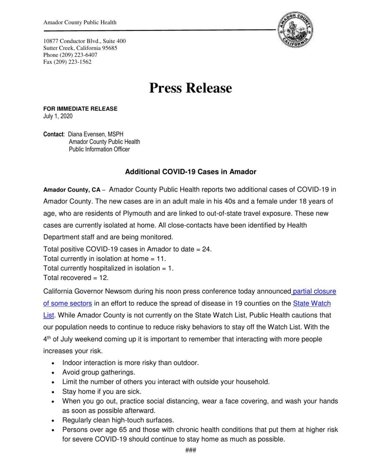 Two Additional Covid 19 Cases July 1 2020 Ledger News
