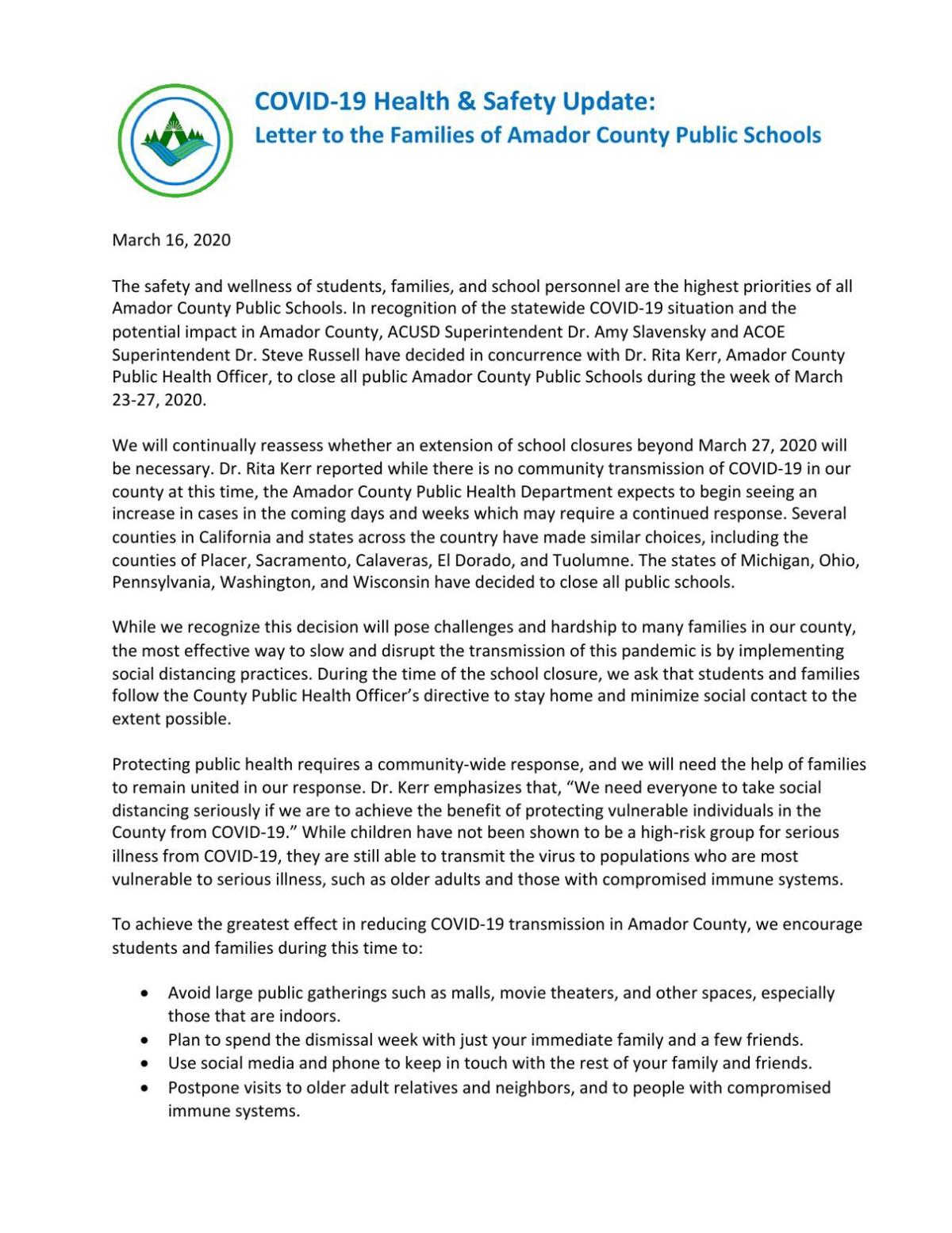 School Closure Press Release Ledger News