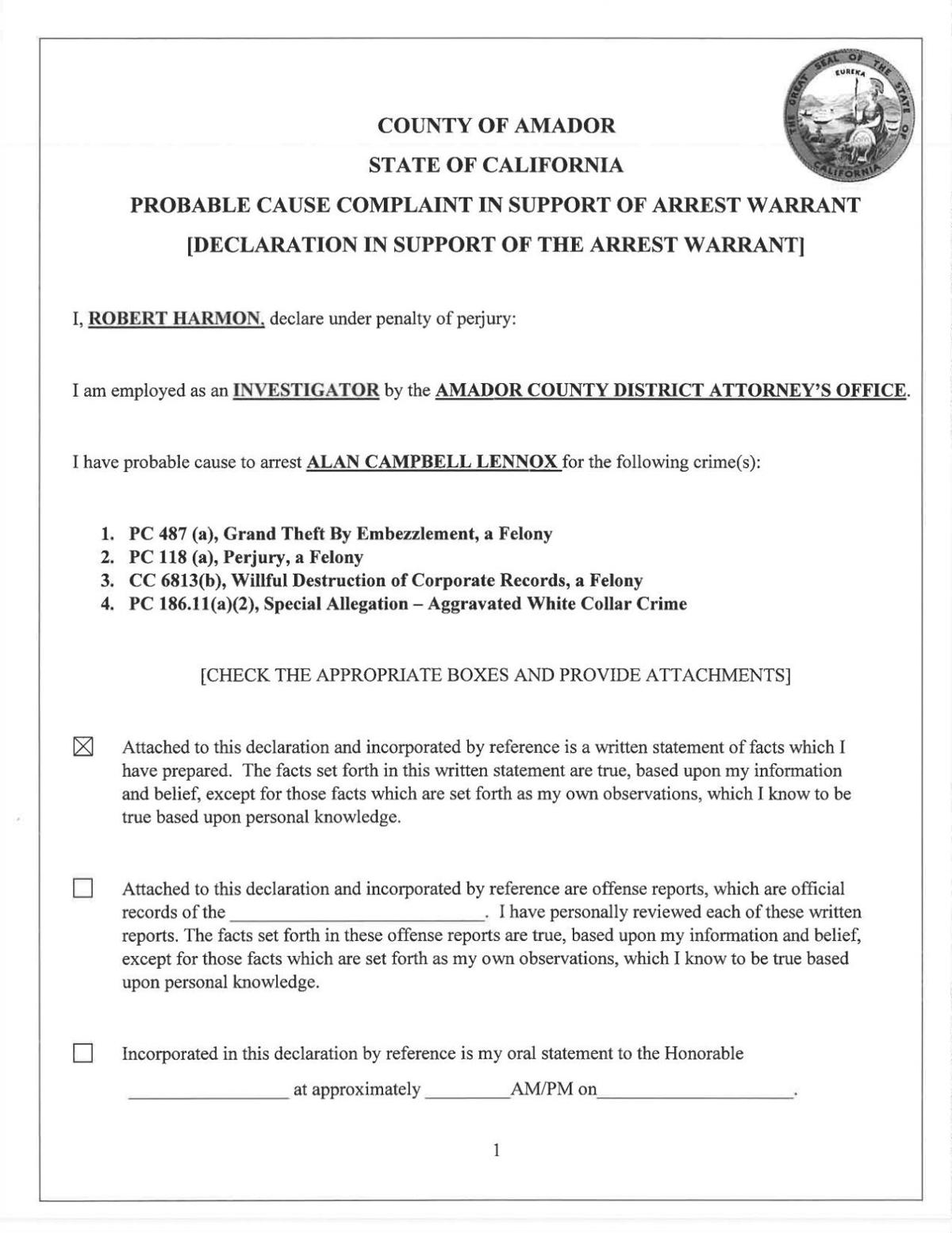 Signed Lennox Arrest Warrant Declaration ledger.news