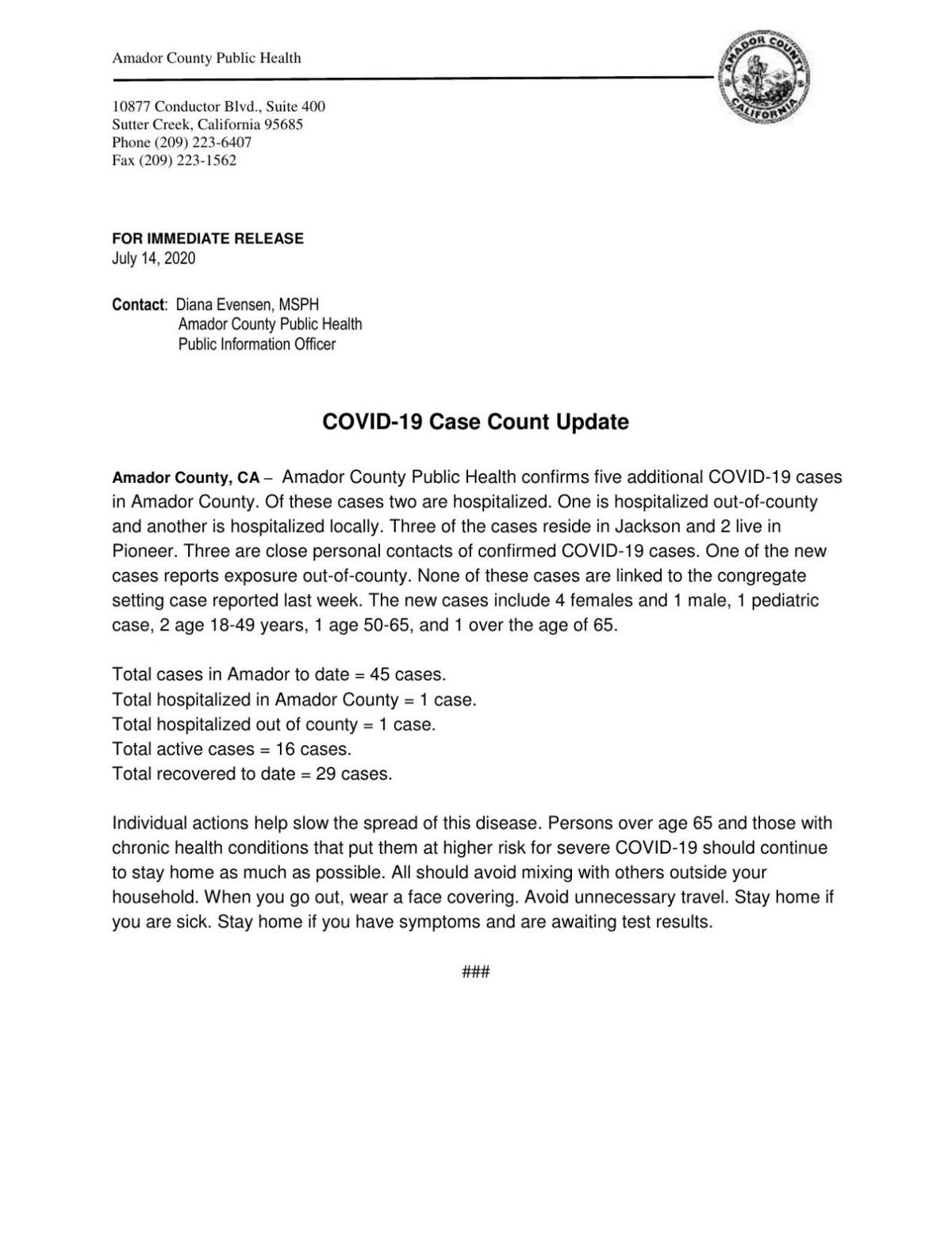 Acph Covid 19 Press Release July 14 2020 Ledger News