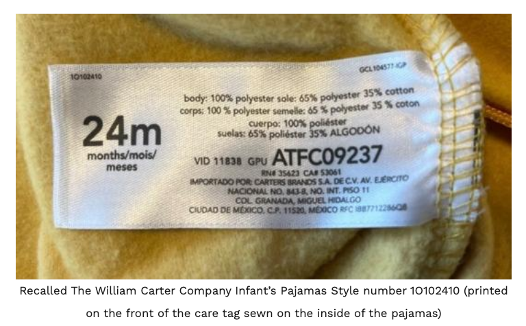 Recalled The William Carter Company Infant’s Pajamas Style number 1O102410 (printed on the front of the care tag sewn on the inside of the pajamas)