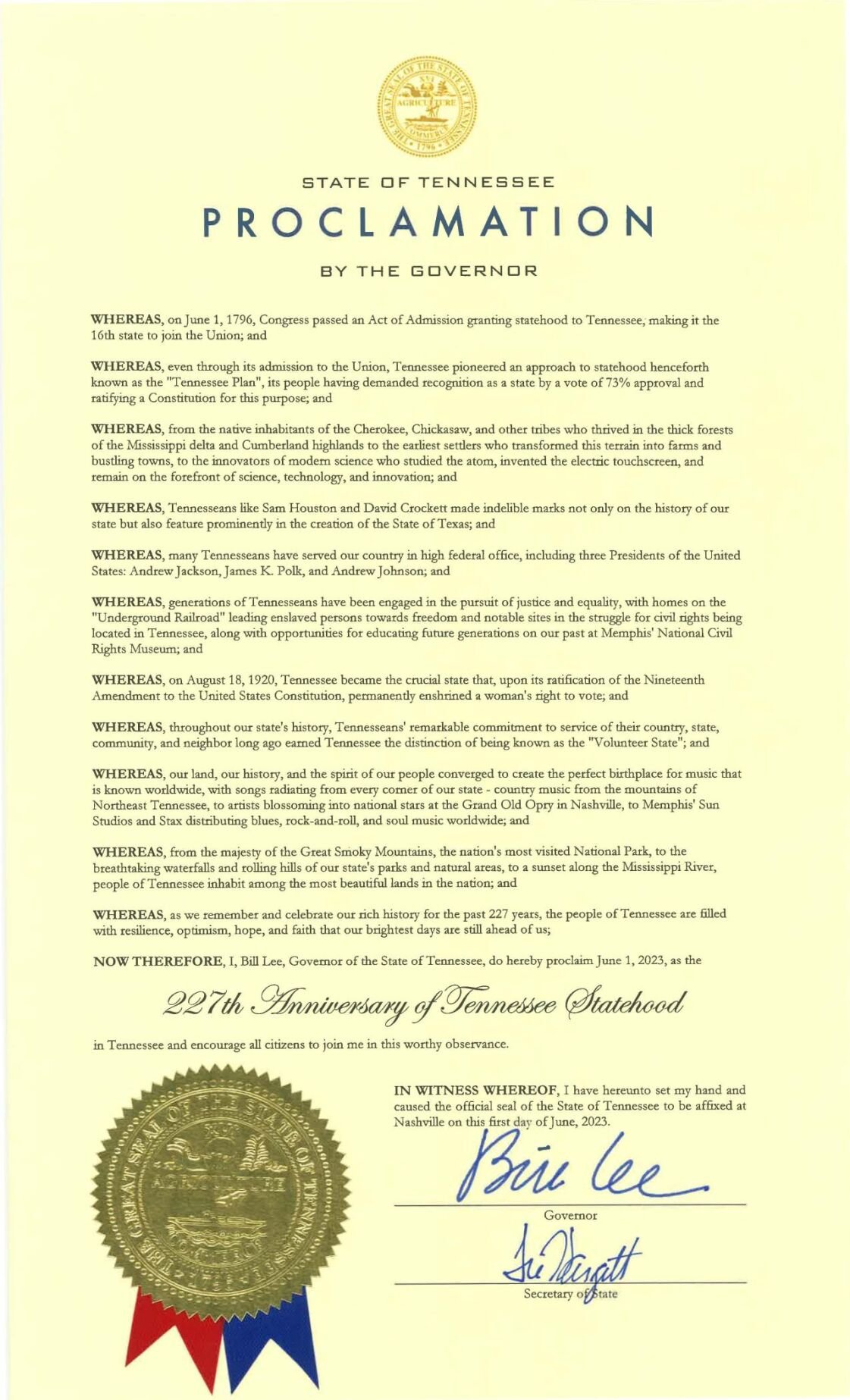 Governor Bill Lee issues Statehood Day proclamation in honor of ...