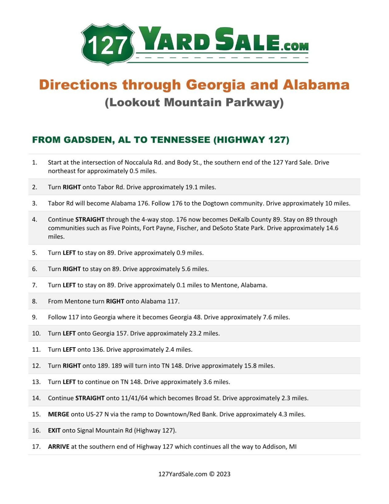 127 Yard Sale Route Map & Alabama