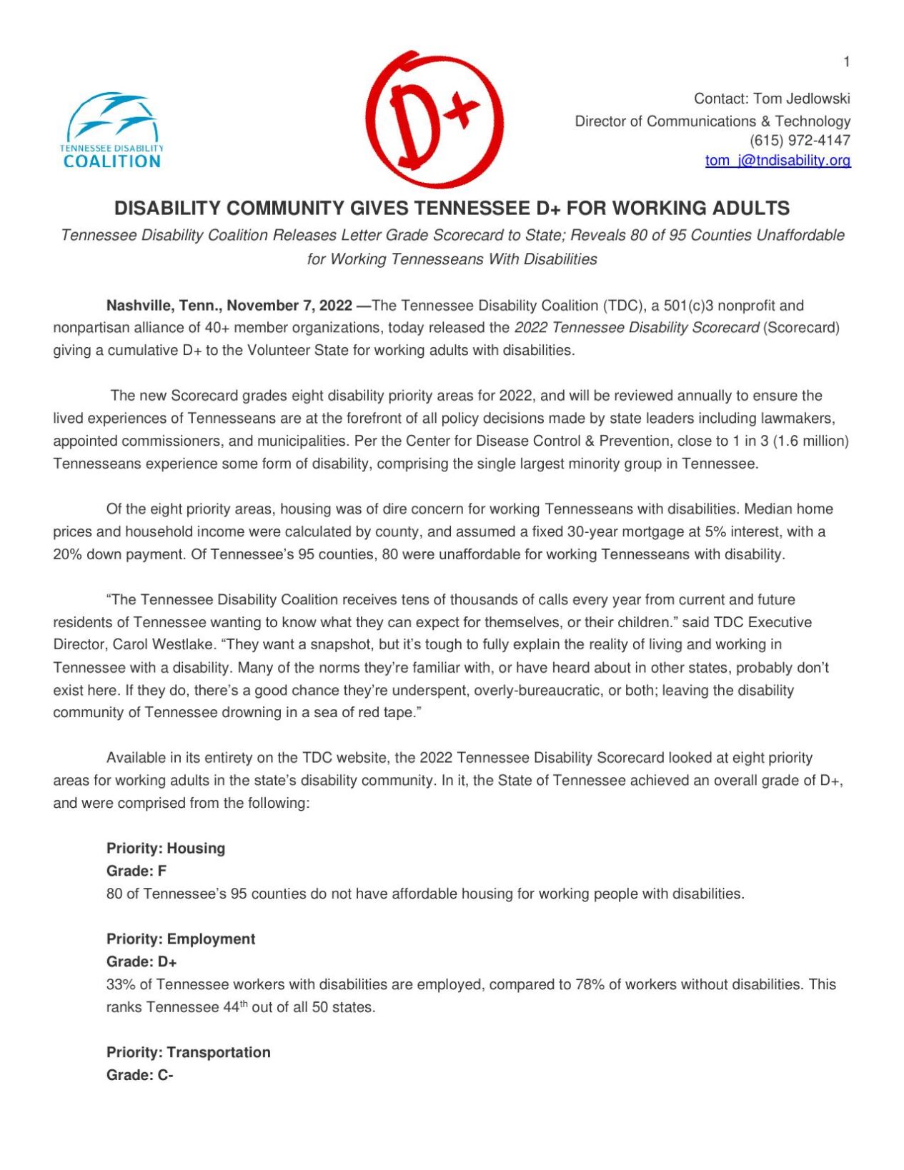 TN receives a D+ in scorecard from the Tennessee Disability Coalition