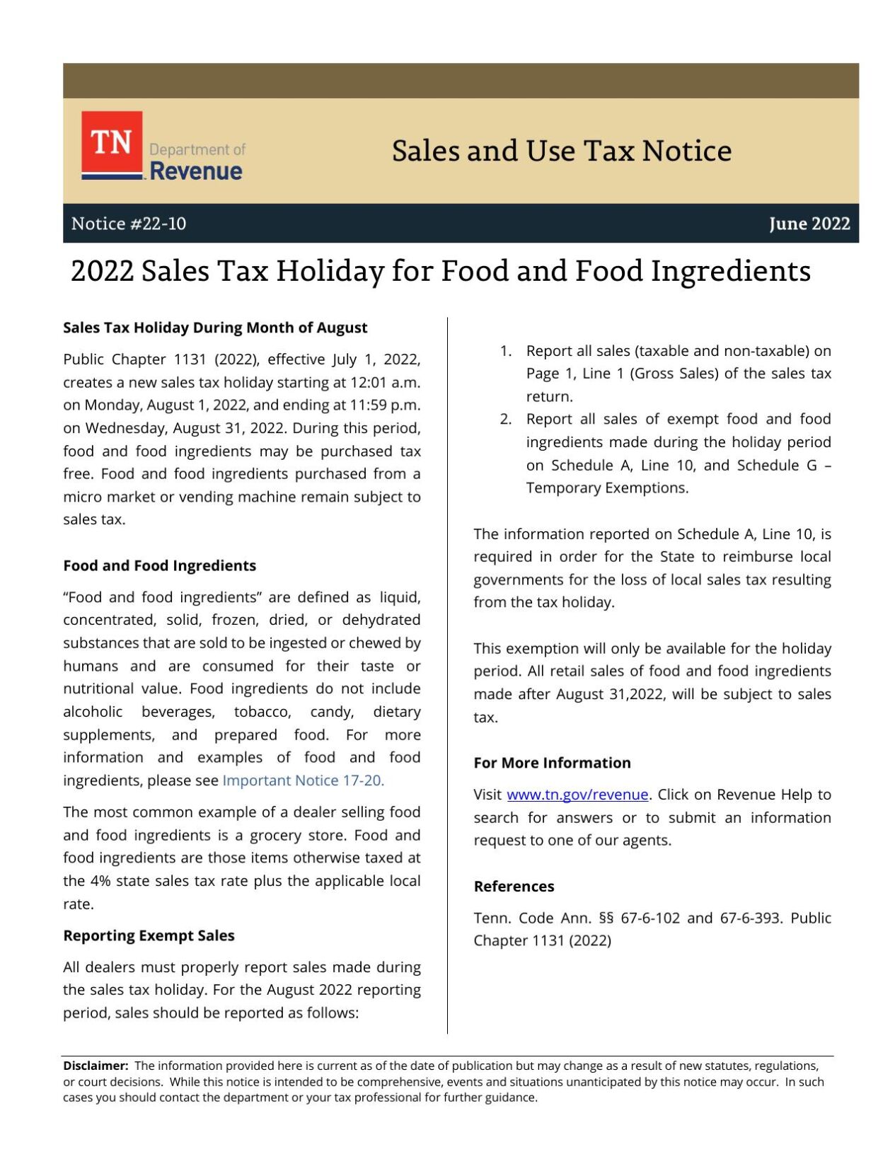 2022 TN Sales Tax Holiday