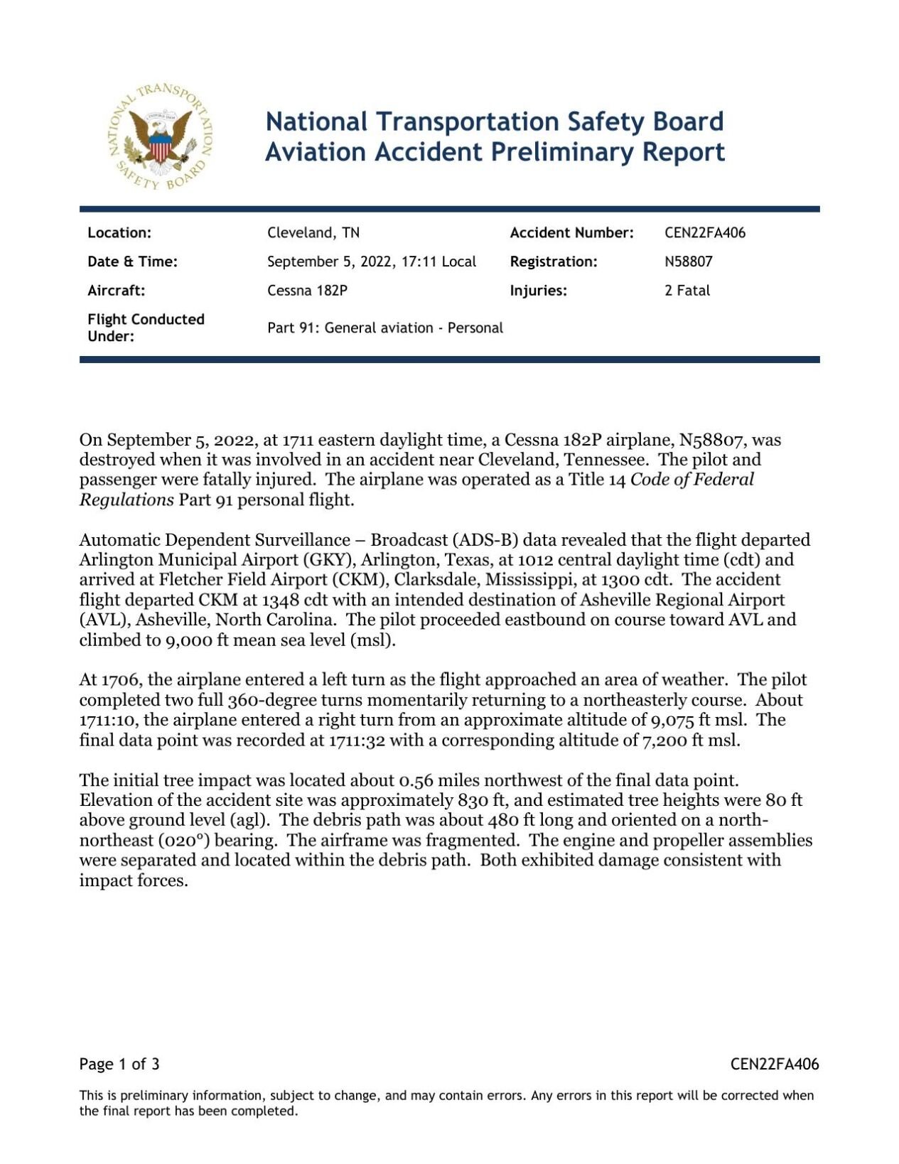 UPDATE Federal investigators release preliminary report of plane crash