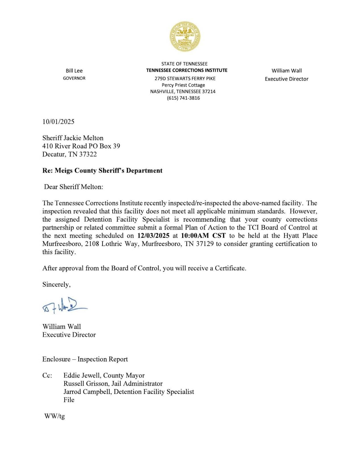 Meigs County Jail re-inspection letter