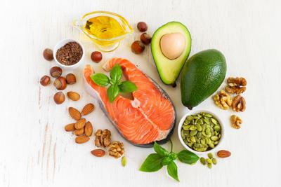 Food sources of omega 3 and healthy fats, top view