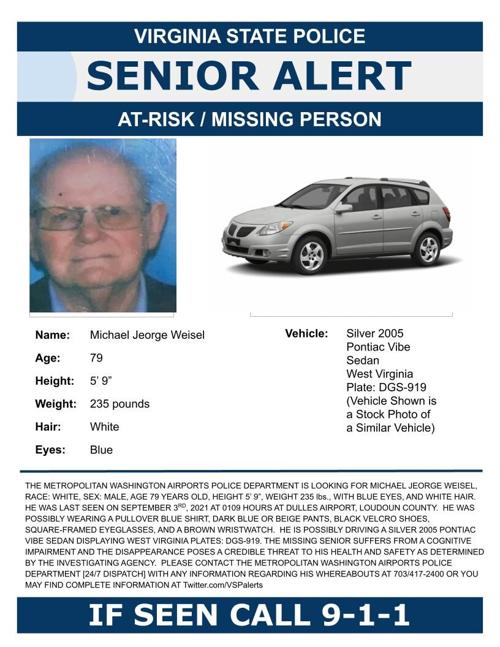 Virginia State Police issue senior alert for man last seen at Dulles Airport