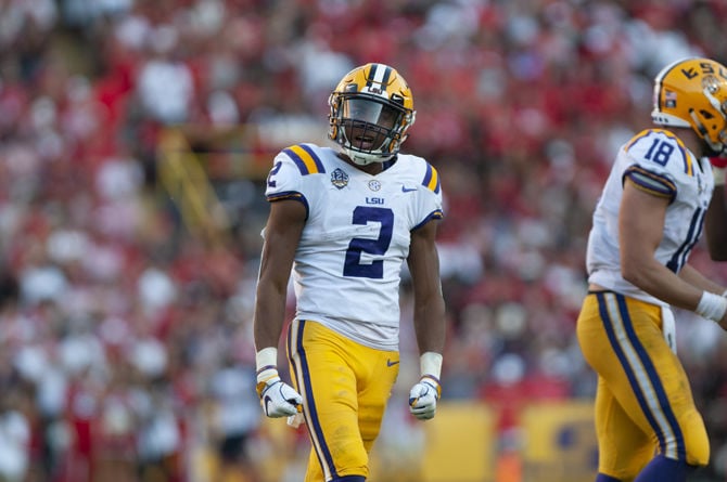 LSU wide receiver Ja'Marr Chase (1) celebrates after scoring with wide  receiver Justin Jefferso …