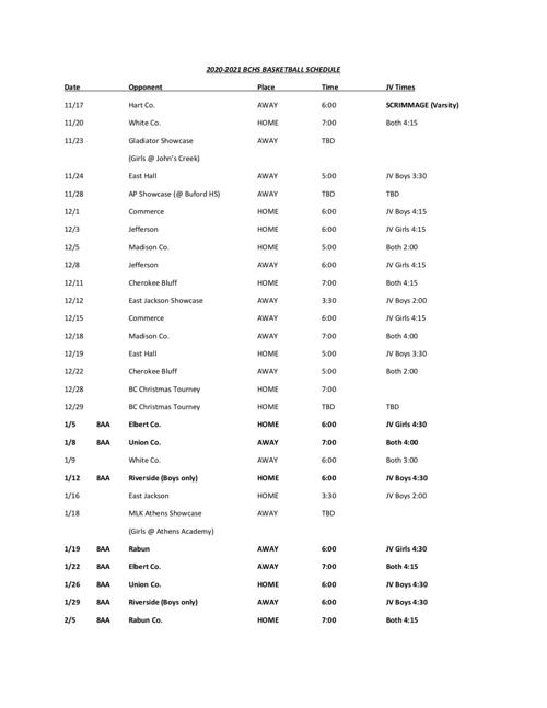 BASKETBALL SCHEDULE