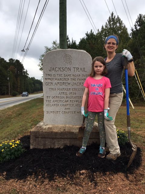 DAR members landscape Jackson Trail marker