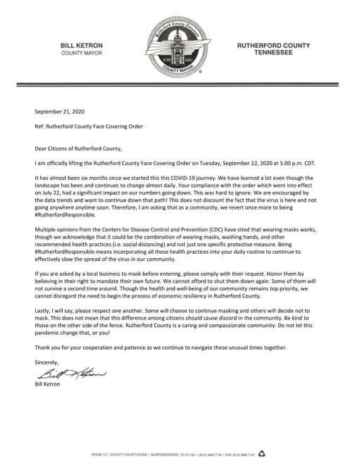 Rutherford mask mandate lifted