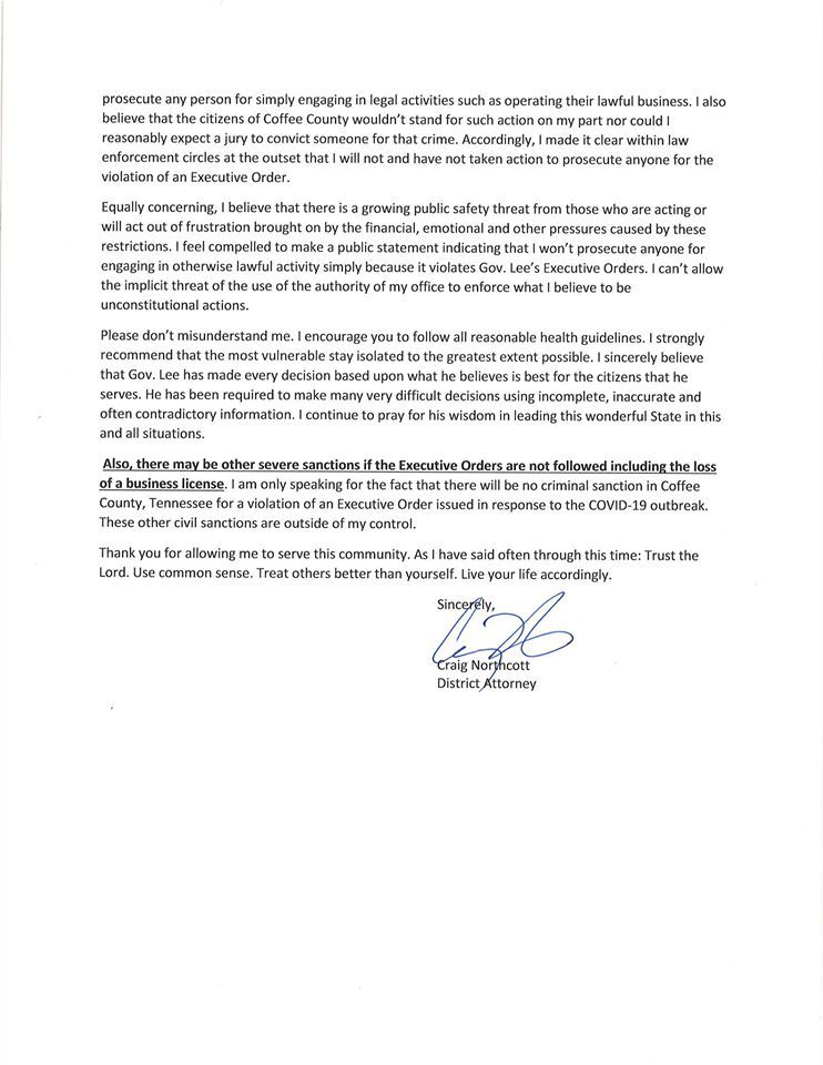 Coffee County District Attorney calls governor's COVID19 orders 'vague