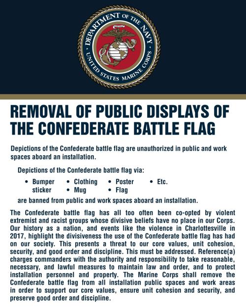 The United States Marine Corps bans public displays of the Confederate flag