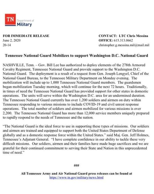 Gov. Lee authorizes National Guard to provide support to the Washington D.C