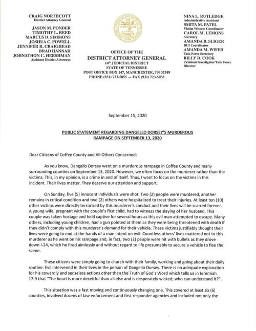 DA Northcott issues statement about Sunday’s crime spree
