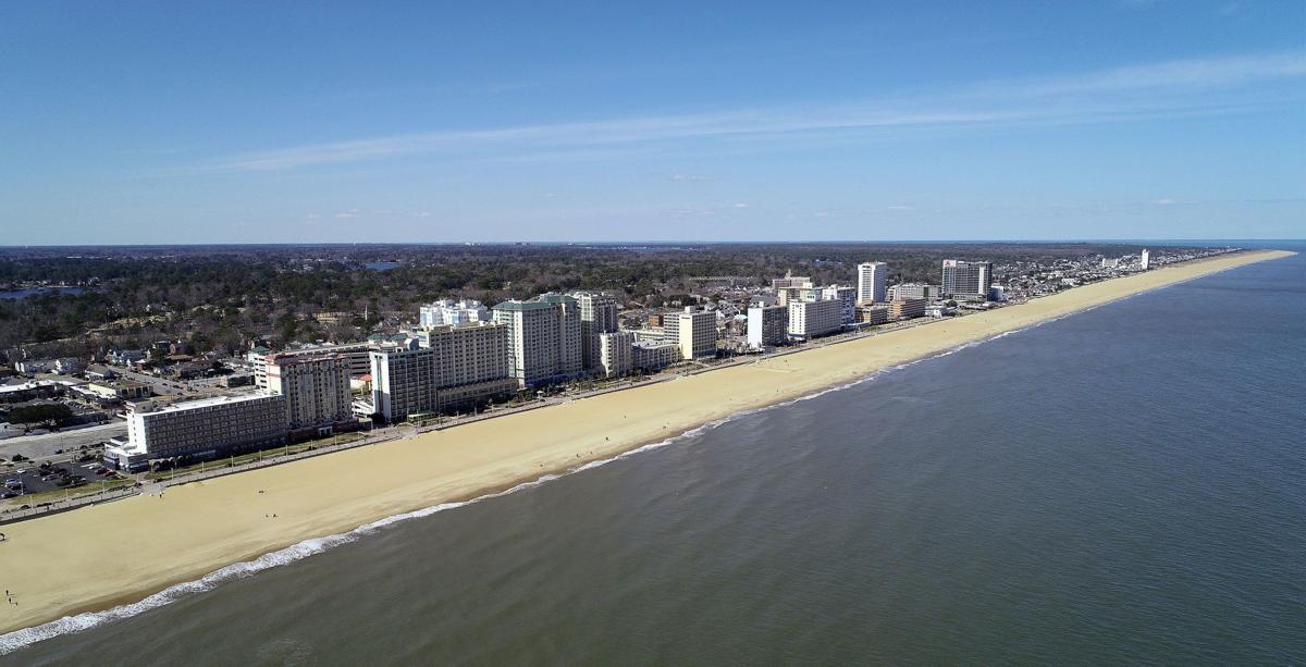 An aerial view of the Virginia Beach Oceanfront north of 32nd St. As seen at 12:30 on Saturday, March 6, 2021, afternoon.