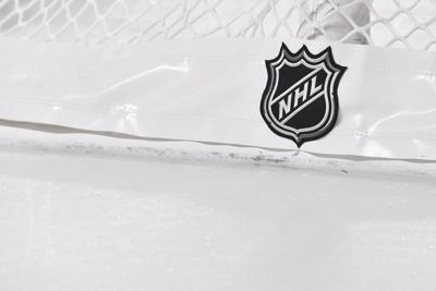 The NHL logo on the back of the goal netting during a game between the Montreal Canadiens and the Boston Bruins on Nov. 5, 2019 at the Bell Centre in Montreal, Canada.