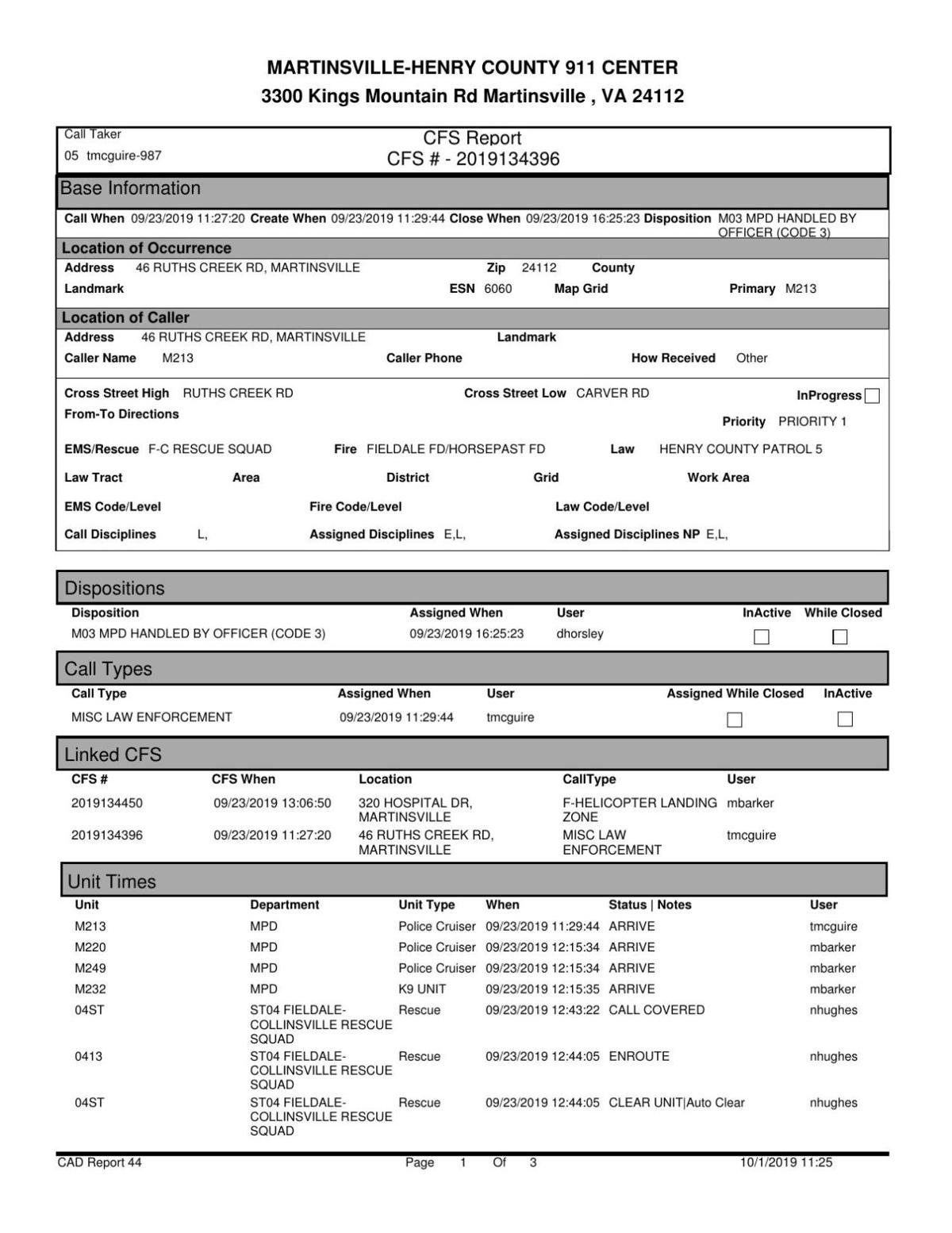 911 call log from Sept. 23 911 call log from Sept. 23