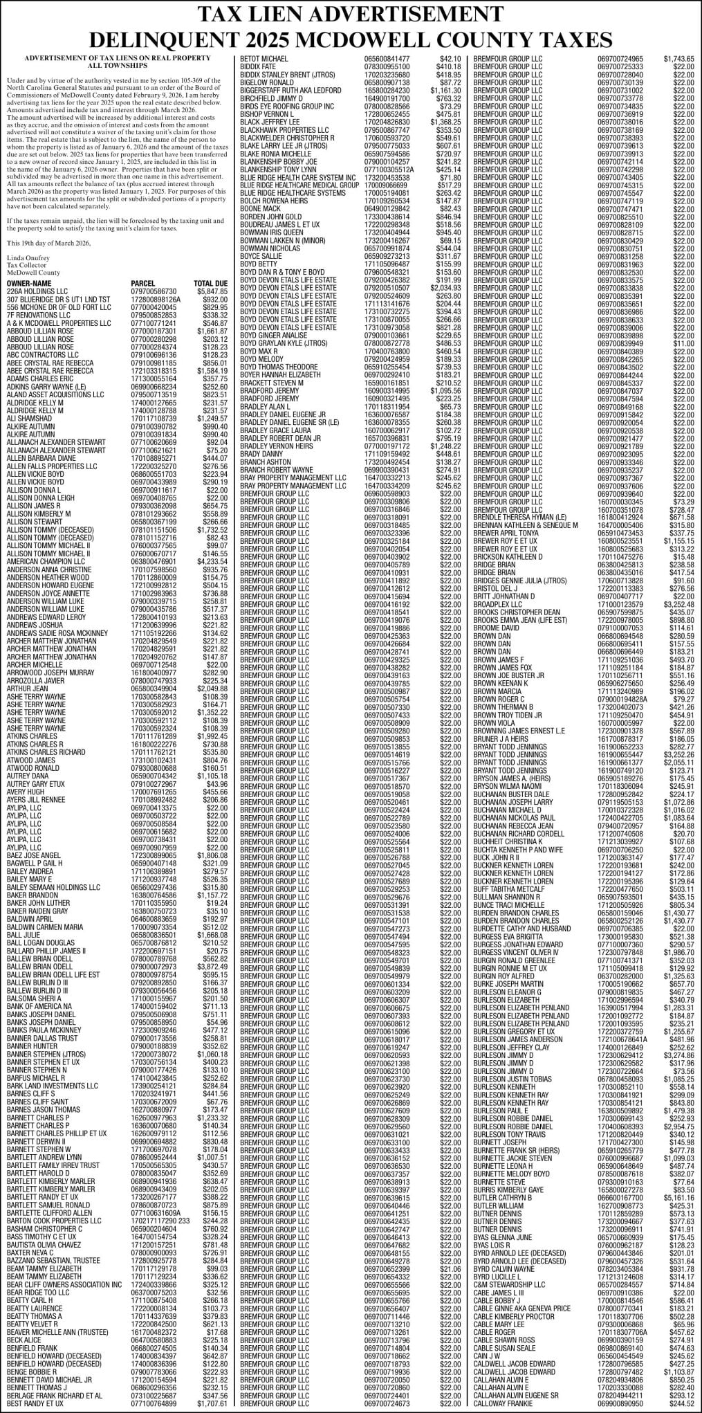 MCDOWELL COUNTY TAX COLLECTOR