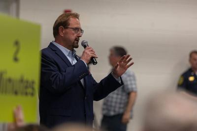 Congressman Chuck Edwards answered questions from the crowd during a town hall on March 13, 2025 at A-B Tech’s Ferguson Auditorium. 300 constituents from North Carolina’s 11th congressional district packed the auditorium, with hundreds more protesting o...