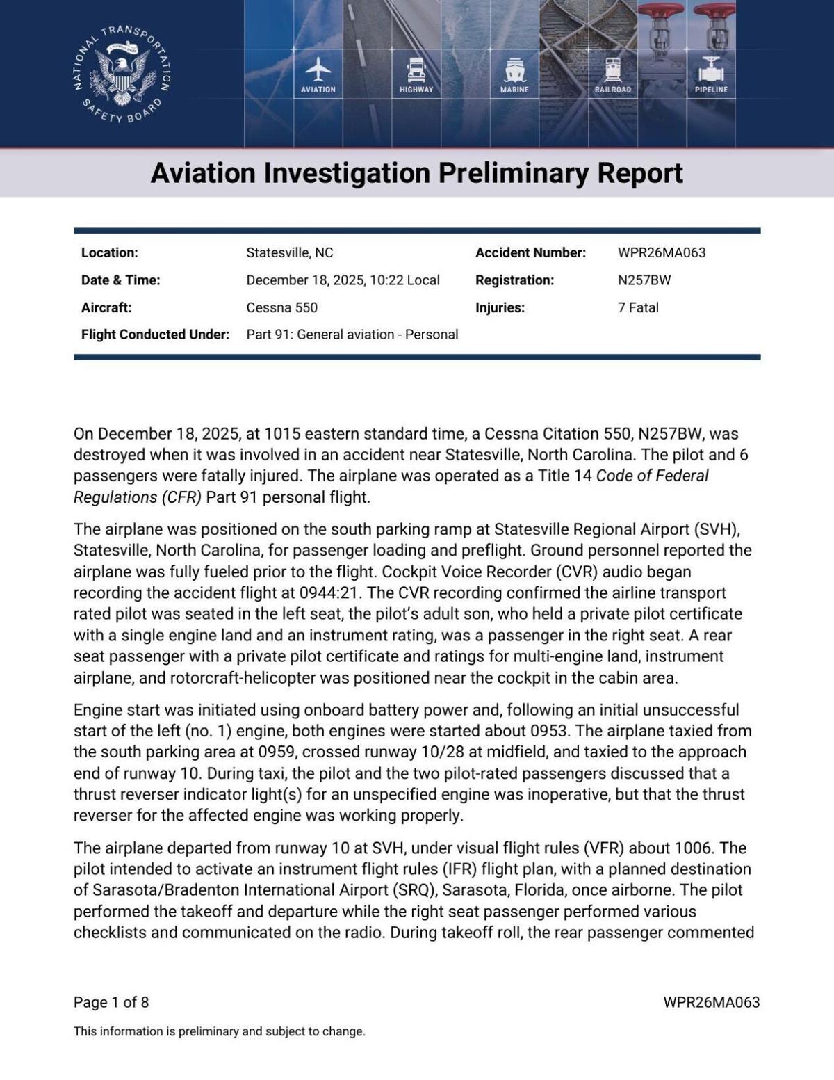 Preliminary NTSB report on Statesville NC plane crash