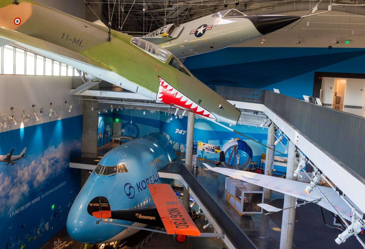 Several planes are on display inside the Korean Air Aviation Gallery at the Samuel Oschin Air& Space Center at the California Science Center in Exposition Park Wednesday, Oct. 7, 2026. The gallery explores the science and engineering of flight, includin...