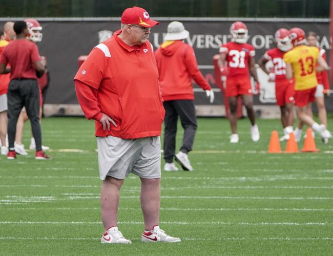 May 26, 2022; Kansas City, MO, USA; Kansas City Chiefs head coach Andy Reid watches practice during organized team activities at The University of Kansas Health System Training Complex. Mandatory Credit: Denny Medley-USA TODAY Sports