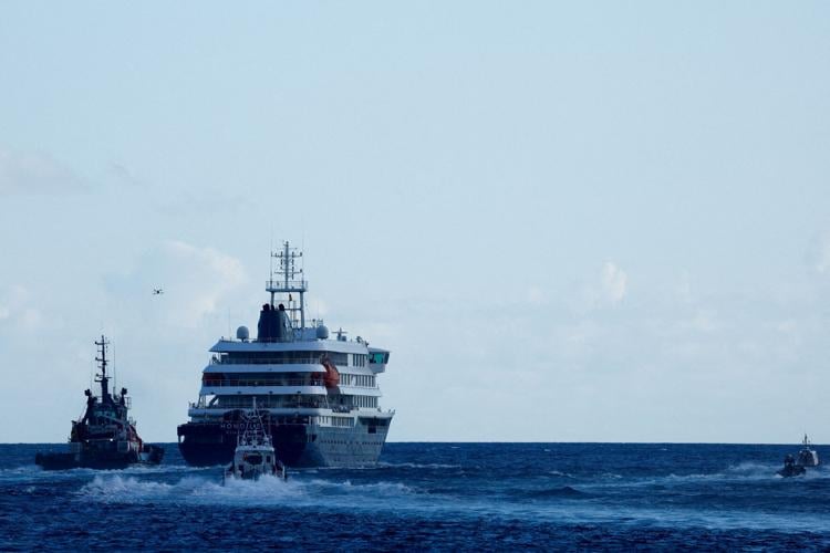 FILE PHOTO: The cruise ship MV Hondius, affected by a hantavirus outbreak, near the port of Granadilla de Abona, Tenerife