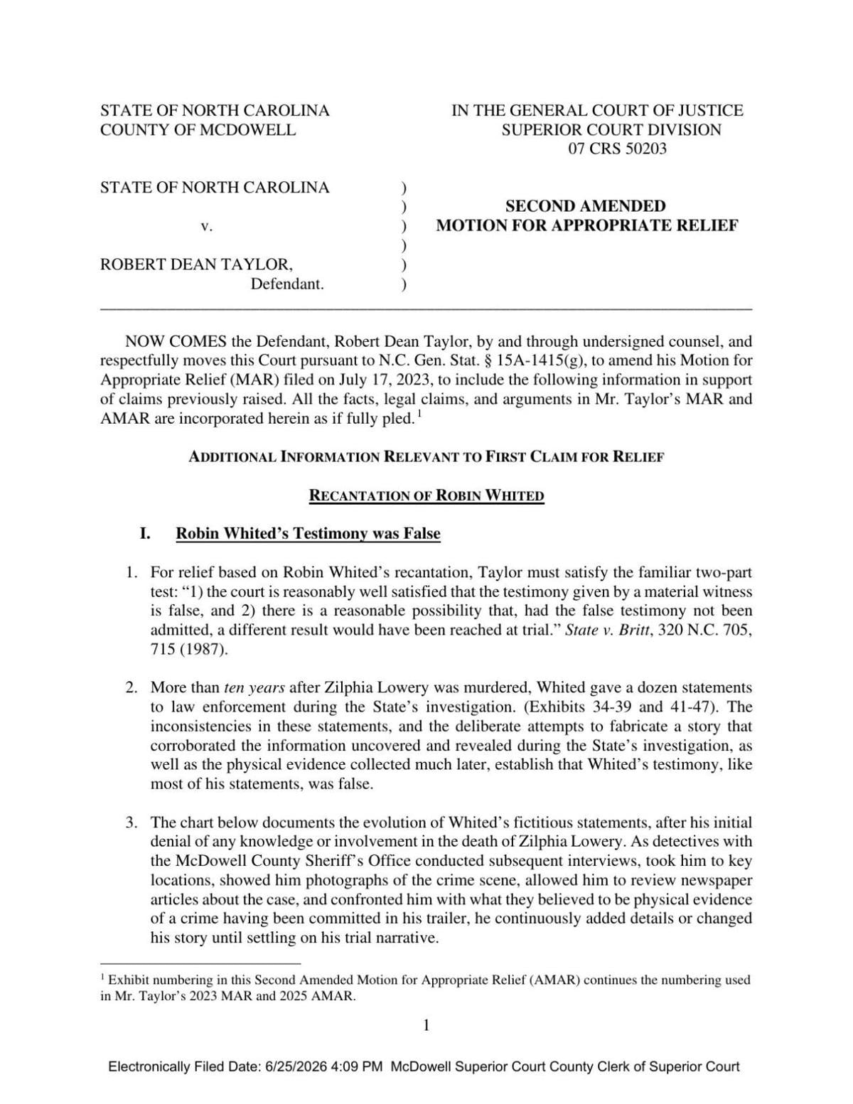Second amended motion for appropriate relief for Robert Taylor