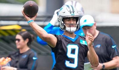 Jun 9, 2026; Charlotte, NC, USA; Carolina Panthers quarterback Bryce Young (9) throws during the first day of mini camp at Bank of America Stadium practice facility. Mandatory Credit: Jim Dedmon-Imagn Images