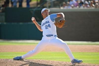 Jun 5, 2026; Chapel Hill, NC, USA;  North Carolina Tar Heels pitcher Matthew Matthijs (24) pitches the ball to the USC Trojans during the seventh inning at Boshamer Stadium. Mandatory Credit: Zachary Taft-Imagn Images
