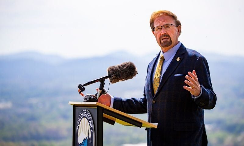 U.S. Rep. Chuck Edwards speaks during an announcement at Deaverview Mountain in Asheville, N.C., on Monday, April 13, 2026. Buncombe County recently closed on the 342-acre property, which is slated to become a public park.
