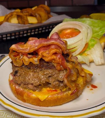 An open-faced shot of a burger from Krug's Tavern in Newark, New Jersey.
