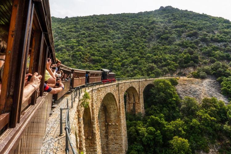 The narrow guage railway is among the attractions here in Greece's Pilion mountains.