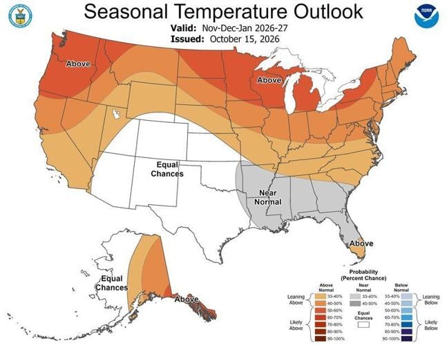 The NOAA's long range forecast for temperatures in the U.S. November 2026-January 2027.