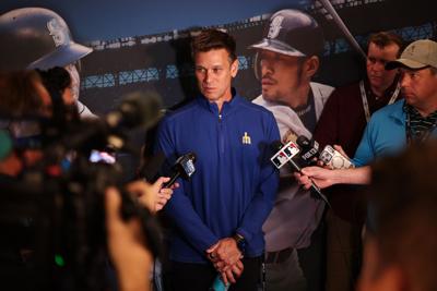 President of Baseball Operations Jerry Dipoto of the Seattle Mariners speaks with media before the game against the Detroit Tigers at T-Mobile Park on Aug. 4, 2026, in Seattle.
