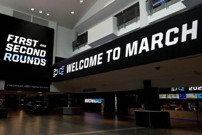 March Madness logos ahead of the NCAA Men's Basketball Tournament at Xfinity Mobile Arena on March 19, 2026, in Philadelphia.