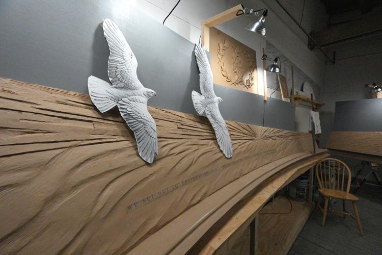 Emily Bedard, art director and lead scupltor for Foster Reeve, and artist behind the Desert Shield and Desert Storm Memorial, with her original clay creation of the memorial in her studio at the Garnerville Arts Center April 2, 2026.