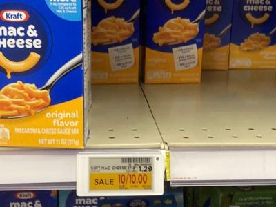 Kraft Mac & Cheese on sale at a Kroger in Greater Cincinnati. The sale price is displayed on an electronic shelf label (ESL), new technology the grocer is expanding in stores.