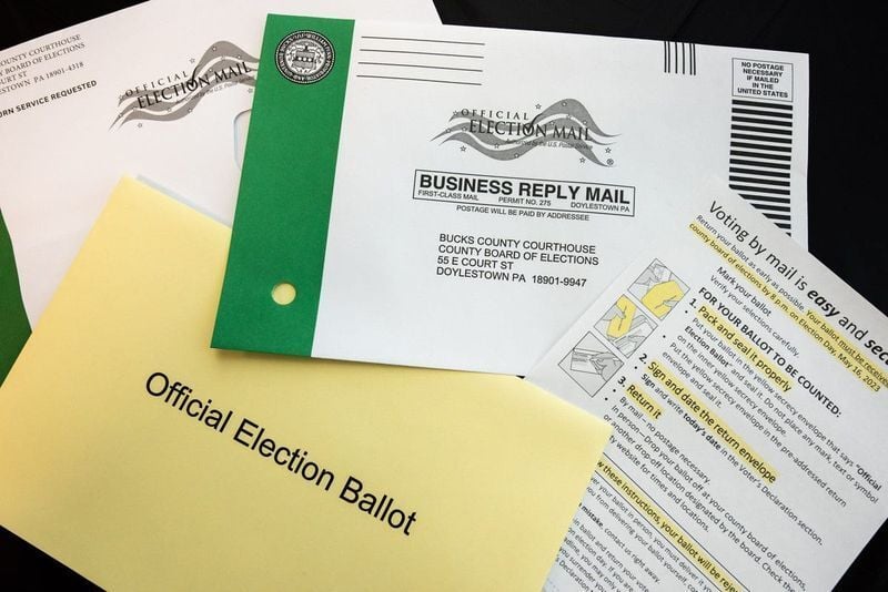 Mail-in and absentee ballot envelopes in Bucks County, Pennsylvania.