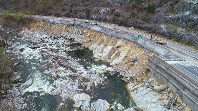 Repairs in the Pigeon River Gorge area have begun on the eastbound lane of I-40 after water from Pigeon River damaged the interstate when Tropical Storm Helene came through Western North Carolina. Thursday, November 14, 2024