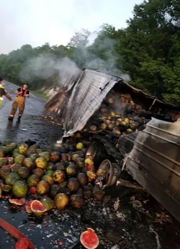 IMAGES: Truck carrying watermelons catches fire on I-40