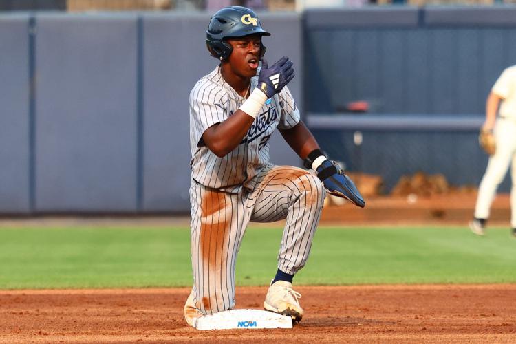 Georgia Tech Yellow Jackets catcher Vahn Lackey (25) reacts after stealing second base during the first inning against the Murray State Racers on May 31, 2025 in Oxford, Mississippi.
