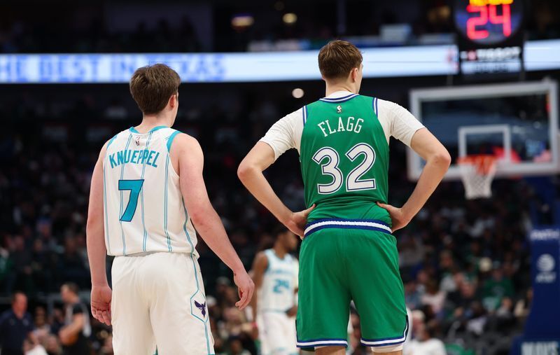 Jan 29, 2026; Dallas, Texas, USA; Charlotte Hornets guard Kon Knueppel (7) stands with Dallas Mavericks forward Cooper Flagg (32) during the second half at American Airlines Center. Mandatory Credit: Kevin Jairaj-Imagn Images