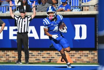 Sep 26, 2026; Durham, North Carolina, USA;  Duke Blue Devils wide receiver Jaivon Solomon (4) scores a touchdown against the William & Mary Tribe during the second quarter at Wallace Wade Stadium.  Mandatory Credit: Zachary Taft-Imagn Images