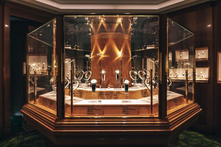Art-déco showcases for priceless watches at the Patek Philippe museum in the Plainpalais area of Geneva.