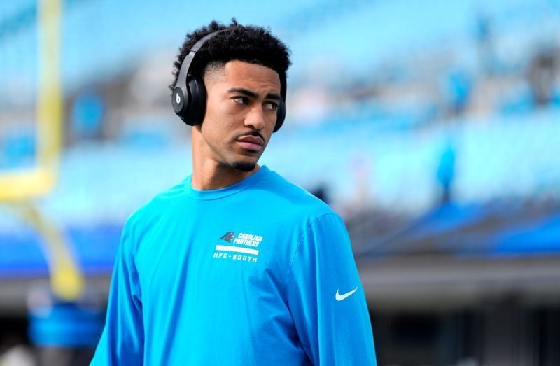 Dec 21, 2025; Charlotte, North Carolina, USA; Carolina Panthers quarterback Bryce Young (9) warms up before a game against the Tampa Bay Buccaneers at Bank of America Stadium. Mandatory Credit: Jim Dedmon-Imagn Images
